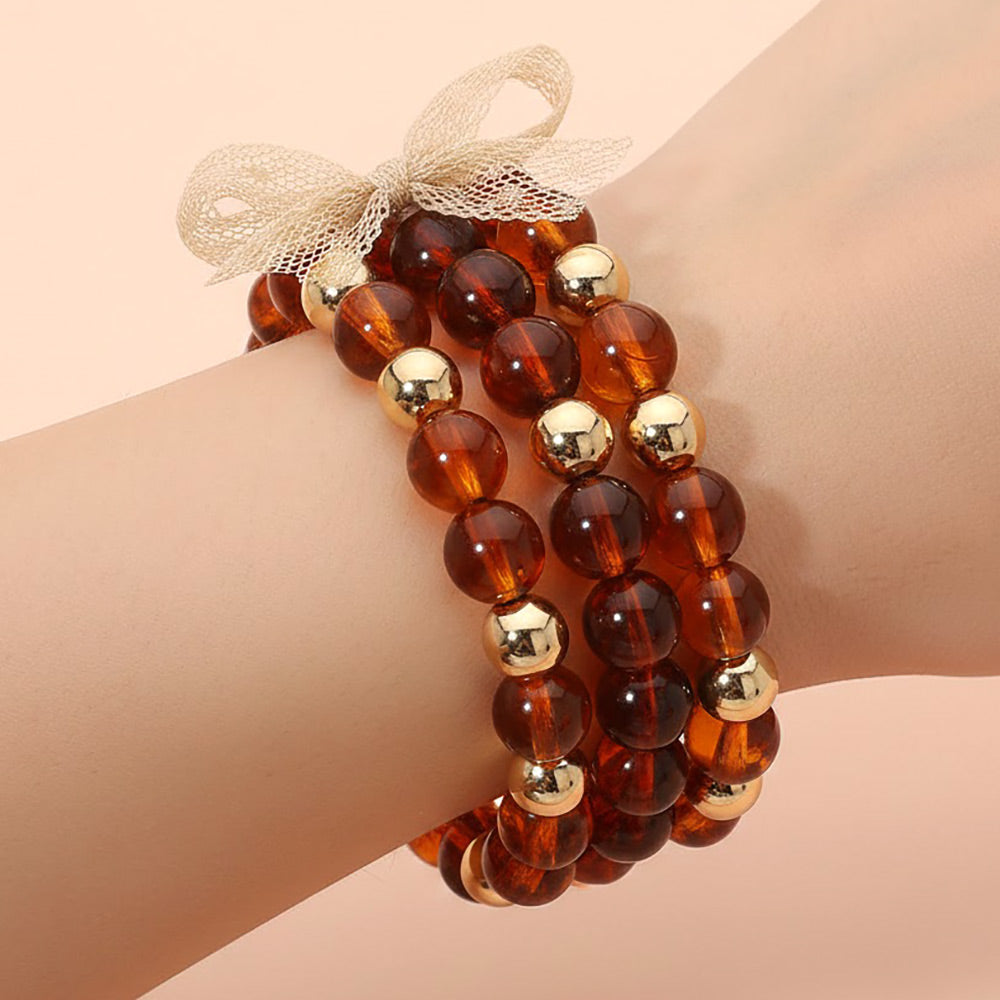 3PCS- Chunky Metal Resin Ball Beaded Stretch Multi Layered Bracelets