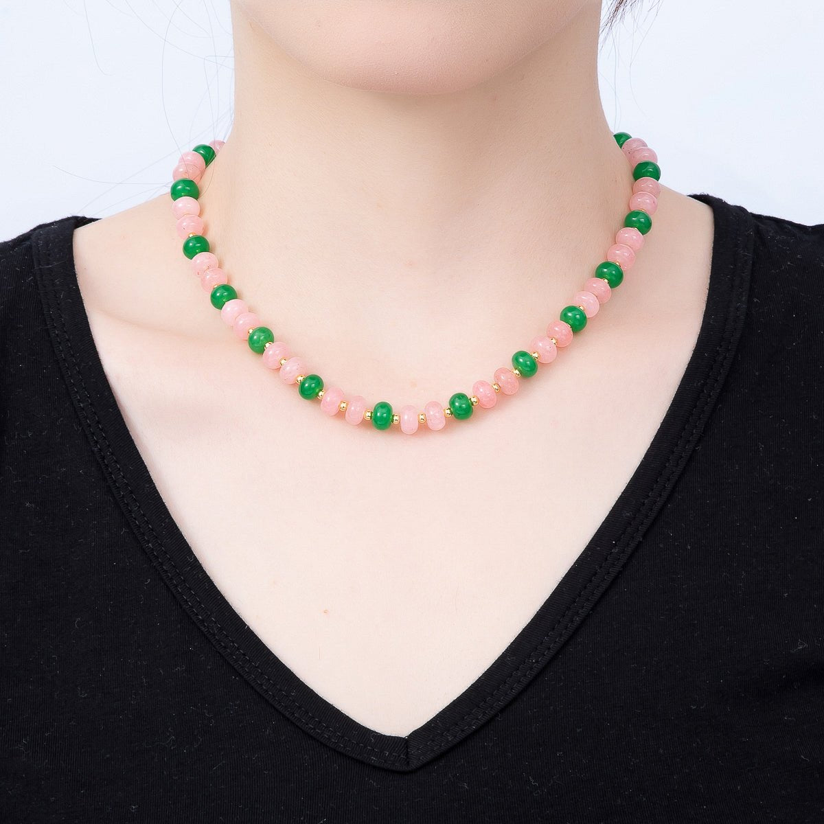 16K Gold Filled 3mm Bead Rondelle Gemstone Chain 17 Inch Necklace w. Dual Push Gate | WA-02161