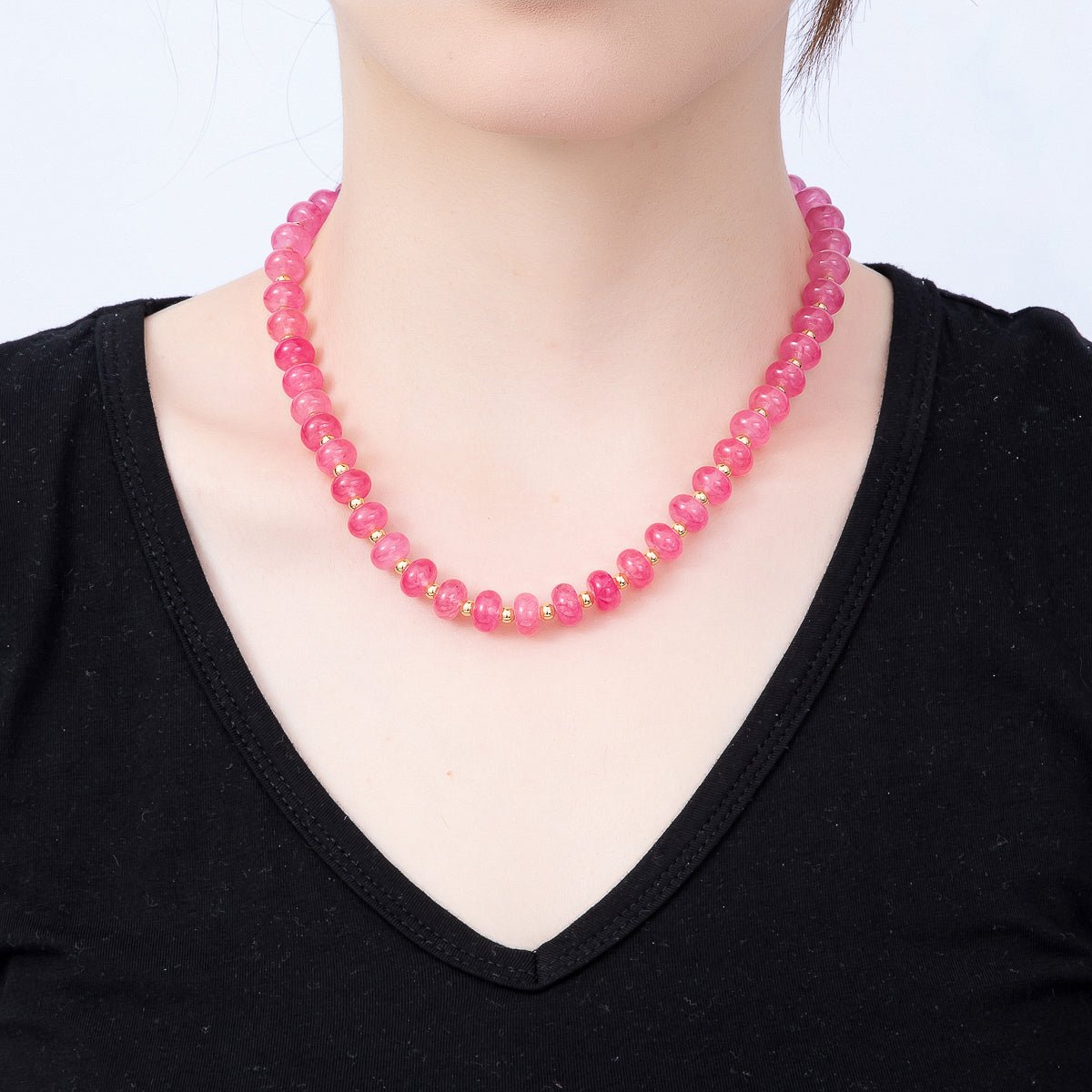 16K Gold Filled 4mm Pink Agate Bead Rondelle Gemstone Chain 18 Inch Necklace w. Dual Closure | WA-01740