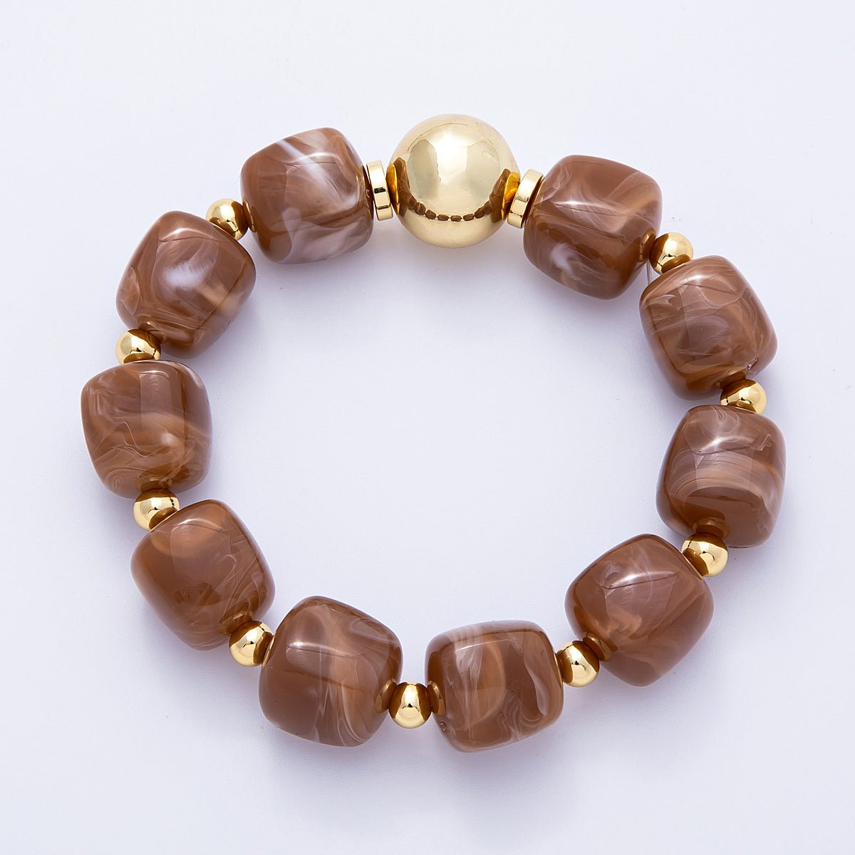 16K Gold Filled 8mm Brown, Green Marble Resin Bead Geometric Stretch Bracelet | WA-4147 WA-4148