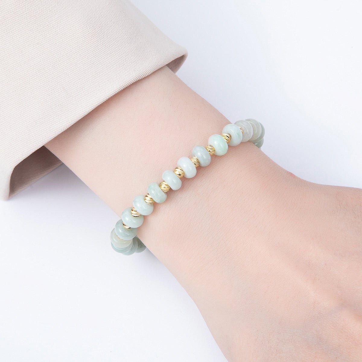 16K Gold Filled 8mm Light Green Aventurine Twisted Bead Rondelle Gemstone Chain 7 Inch Bracelet | WA-00056