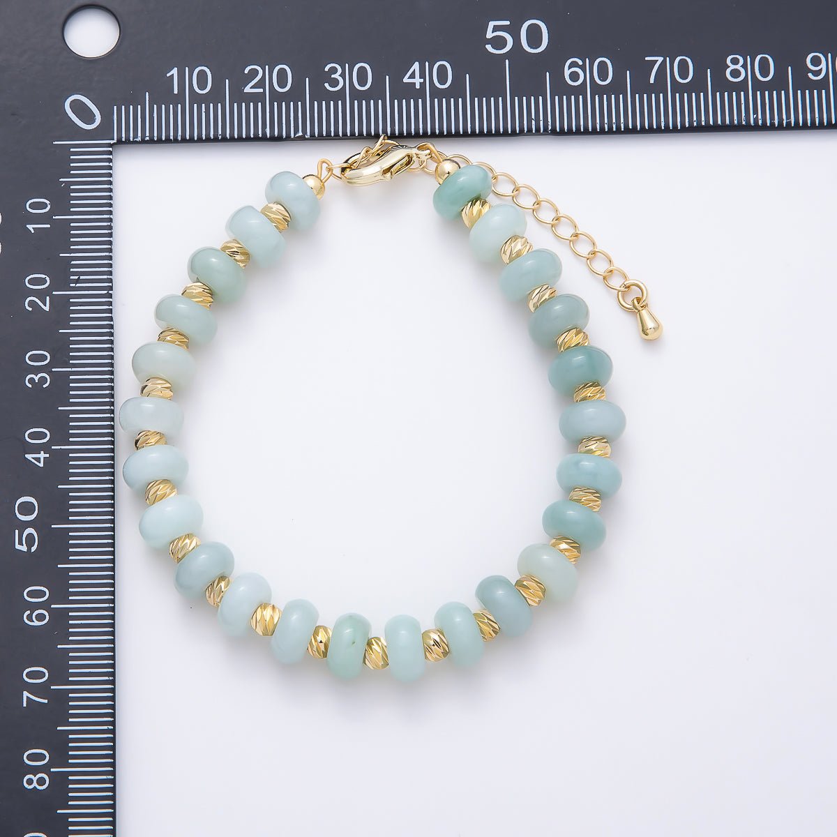 16K Gold Filled 8mm Light Green Aventurine Twisted Bead Rondelle Gemstone Chain 7 Inch Bracelet | WA-00056