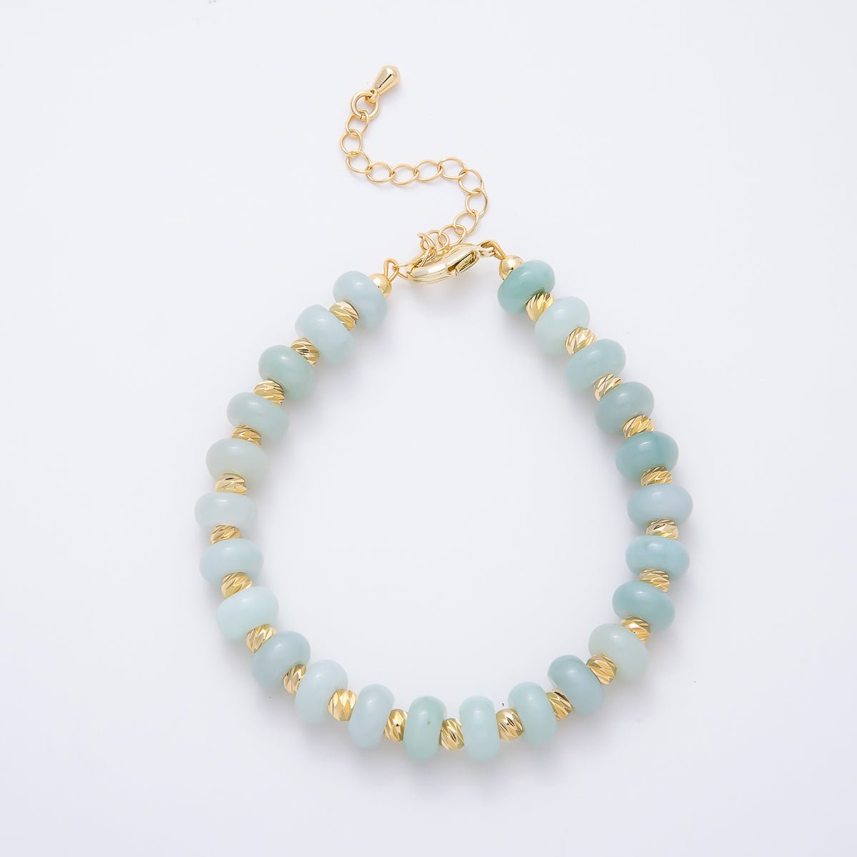 16K Gold Filled 8mm Light Green Aventurine Twisted Bead Rondelle Gemstone Chain 7 Inch Bracelet | WA-00056
