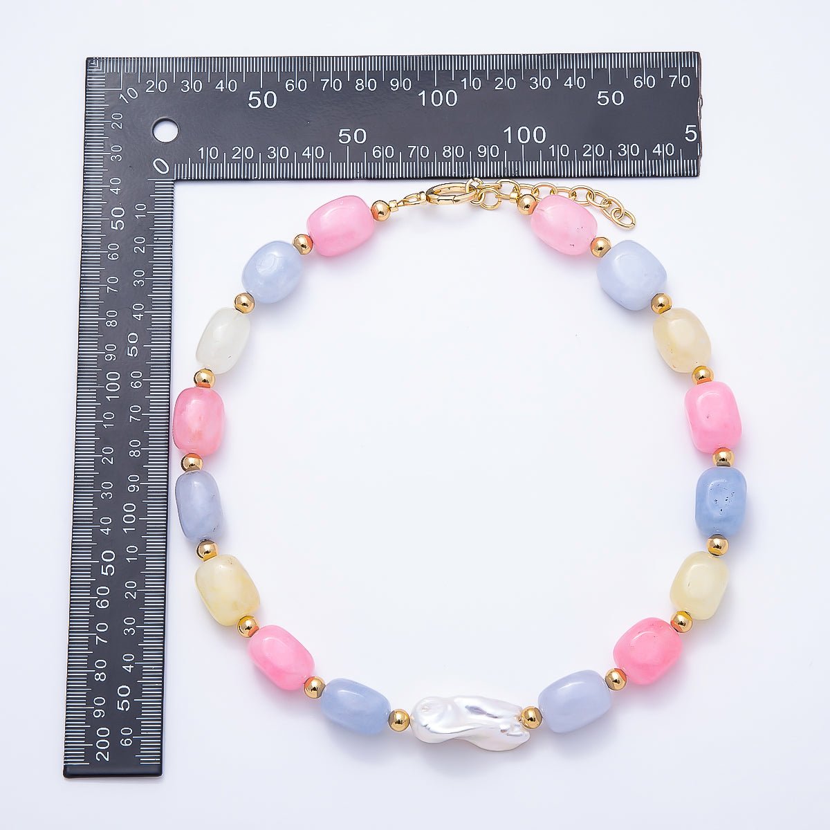 18K Gold Filled 14mm Baroque Freshwater Pearl Pastel Multicolor Agate Bead Rectangle Gemstone Chain 18 Inch Necklace | WA-00545