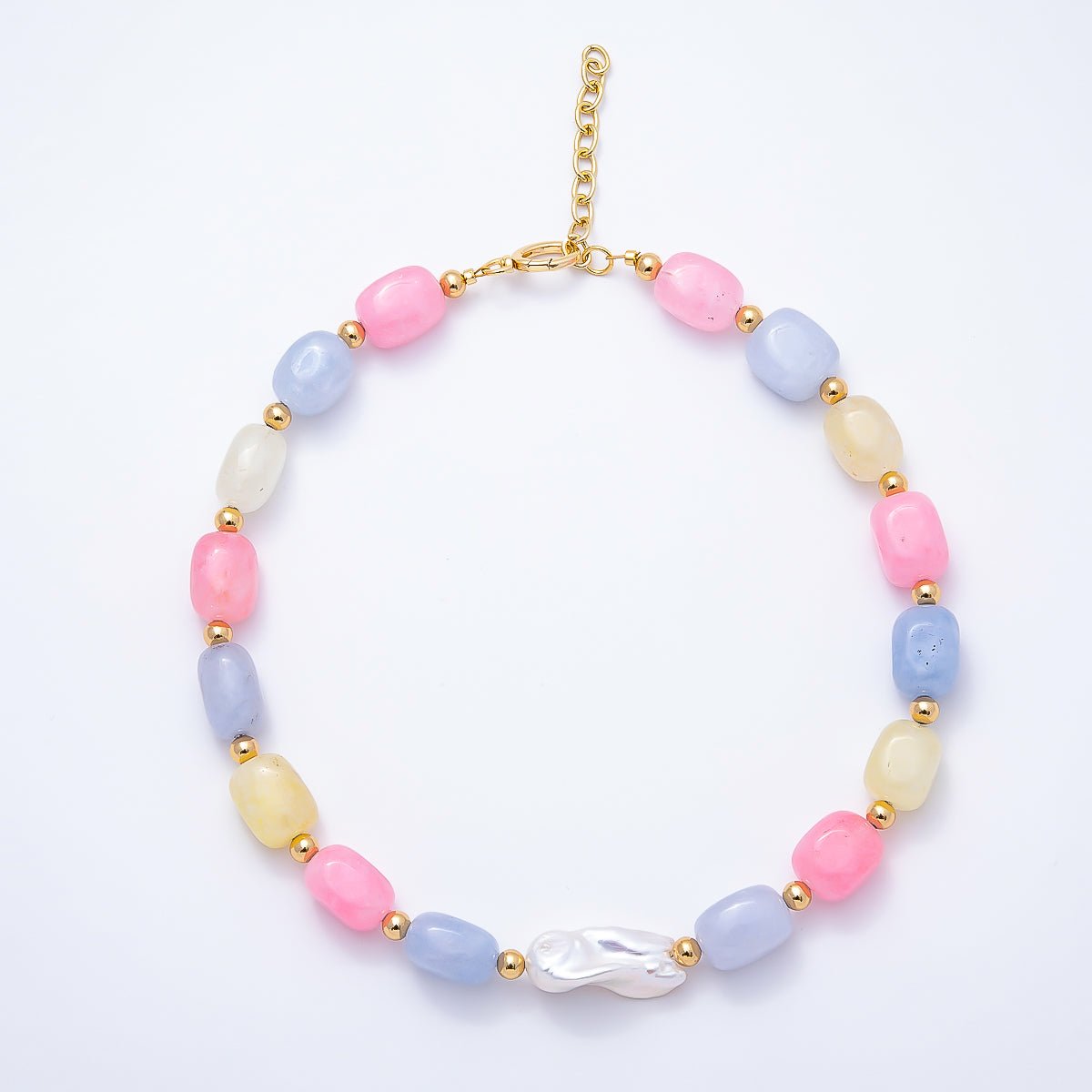 18K Gold Filled 14mm Baroque Freshwater Pearl Pastel Multicolor Agate Bead Rectangle Gemstone Chain 18 Inch Necklace | WA-00545