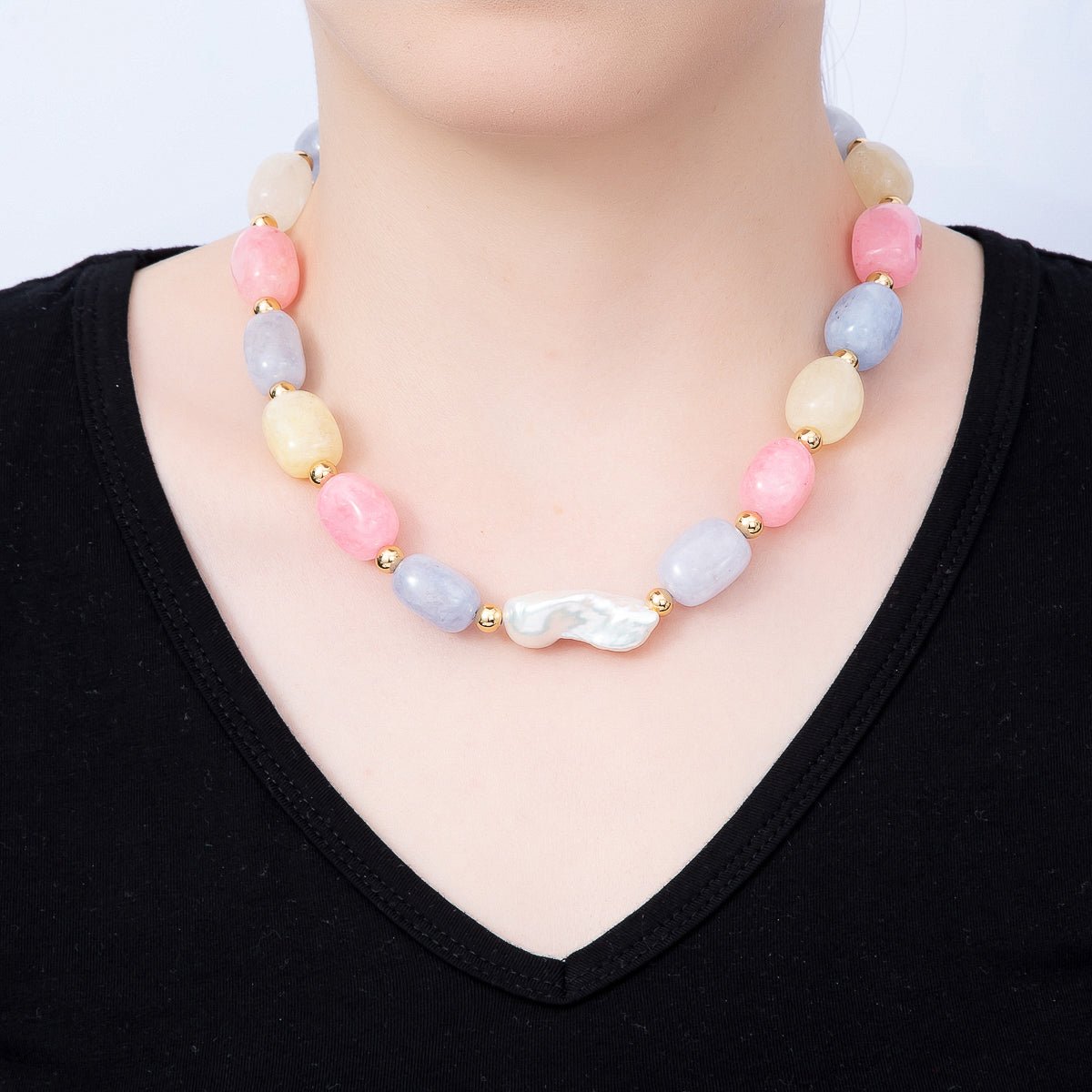 18K Gold Filled 14mm Baroque Freshwater Pearl Pastel Multicolor Agate Bead Rectangle Gemstone Chain 18 Inch Necklace | WA-00545