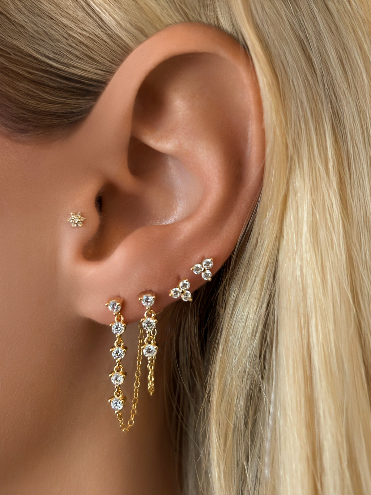 925 Sterling Silver CZ Dangle Chain Stud Earrings- Mini