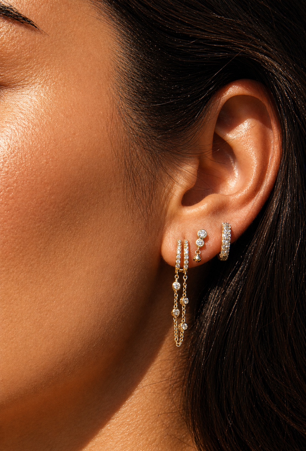 14k Vermeil Double Chain Dangle Drop Huggie Earrings
