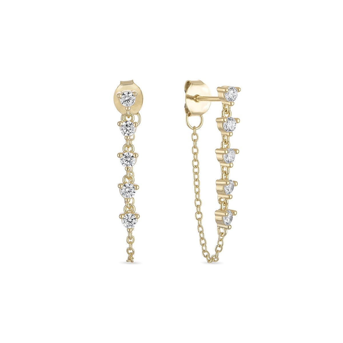 925 Sterling Silver CZ Chain Drop Stud Earrings - Longline