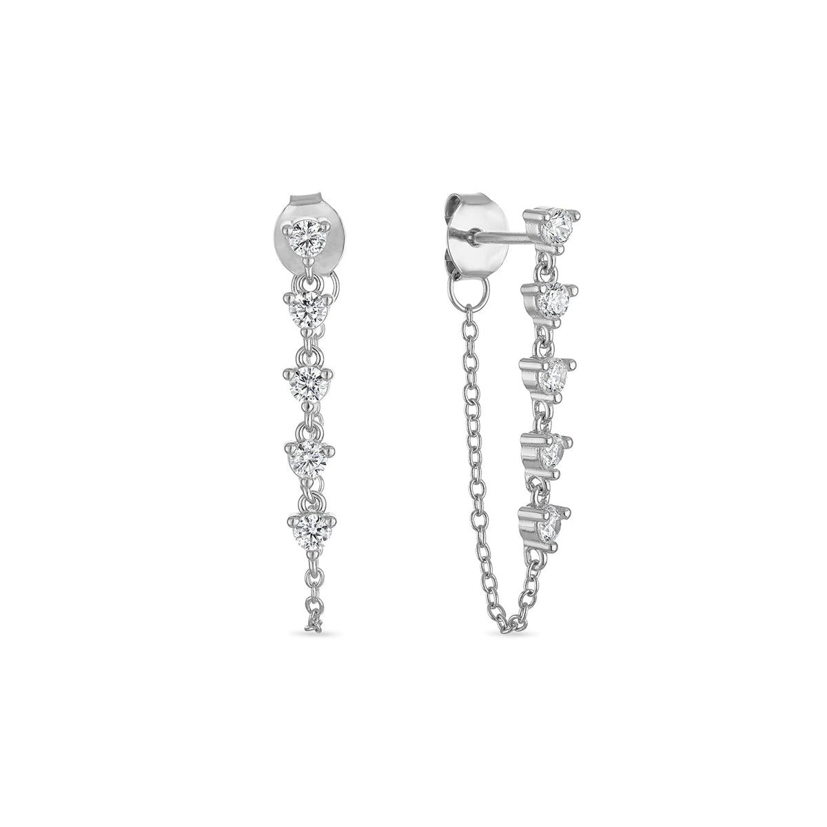 925 Sterling Silver CZ Chain Drop Stud Earrings - Longline