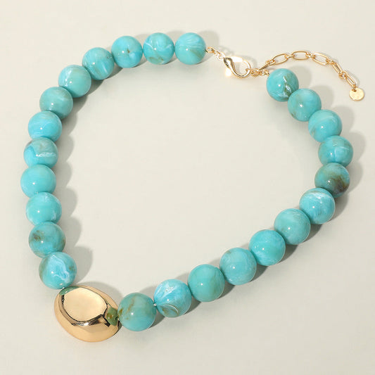 Polished Metal Bean Accent Bold Marbled Ball Beaded Statement Necklace