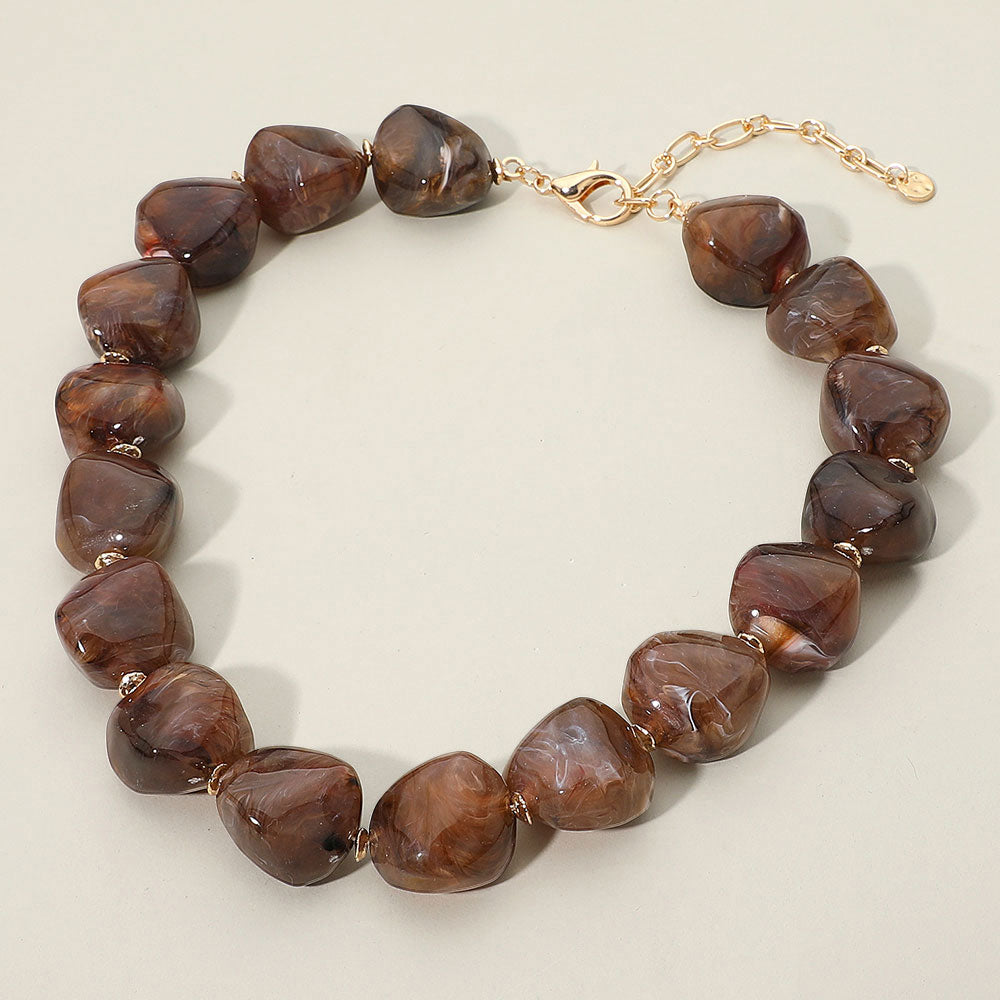 Chunky Marbled Resin Pebble Beaded Statement Necklace