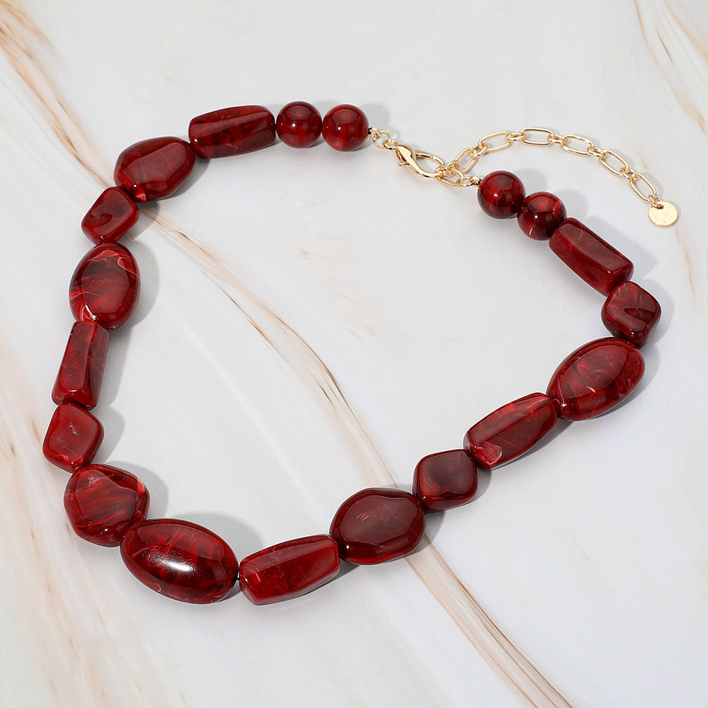 Chunky Marbled Resin Multi Shape Pebble Beaded Necklace