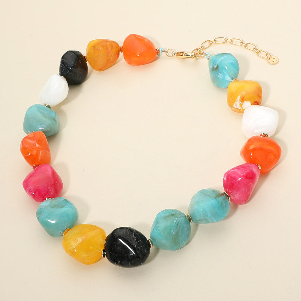 Chunky Marbled Resin Pebble Beaded Statement Necklace