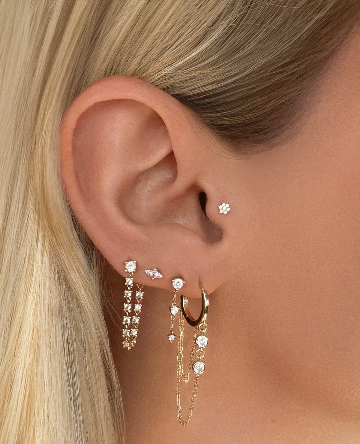 14k Vermeil Double Chain CZ Drop Huggie Earrings