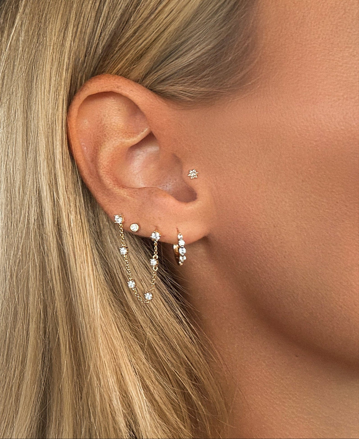 14k Vermeil Double CZ Stud Chain Drop Earring