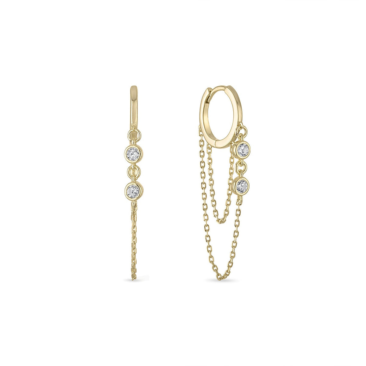 14k Vermeil Double Chain CZ Drop Huggie Earrings