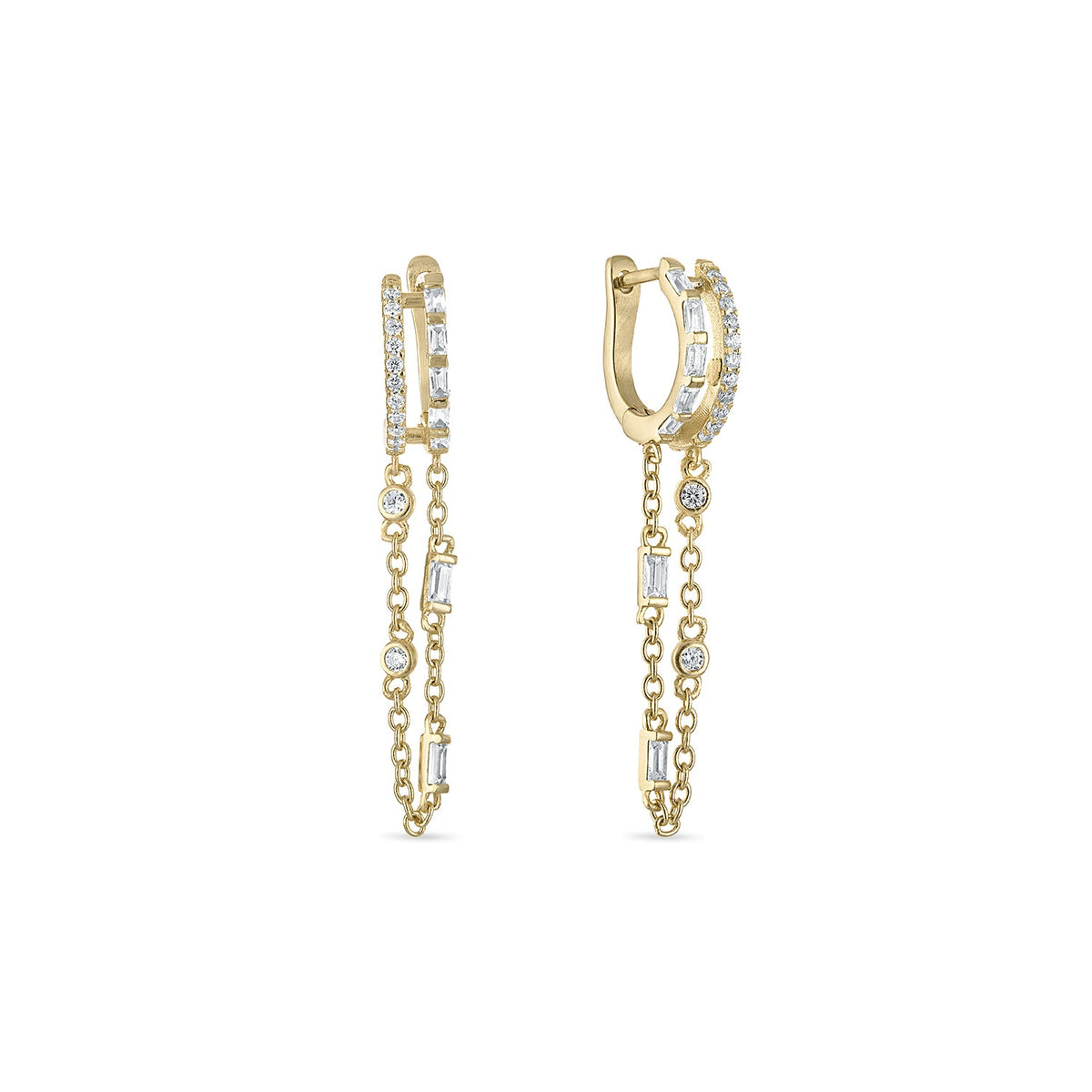 14k Gold Vermeil Baguette Double Chain Drop Huggie Earrings
