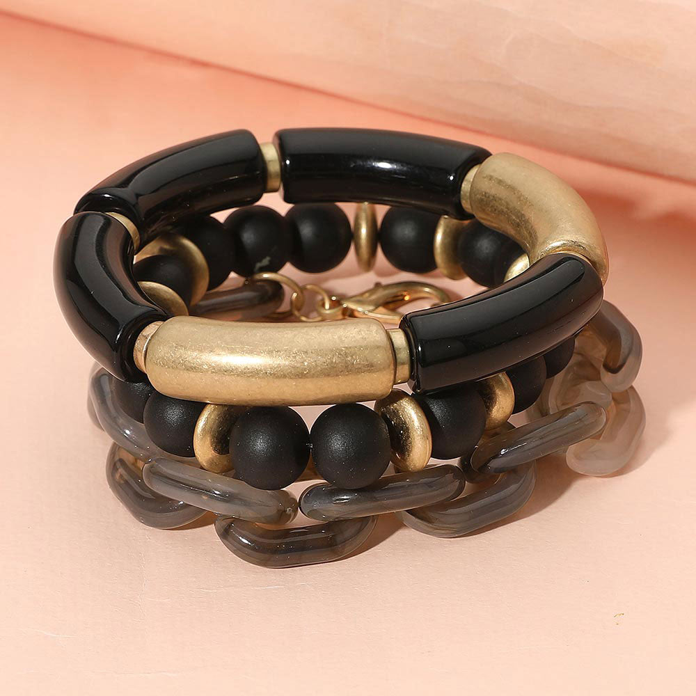 3PCS - Bold Wooden Mixed Beaded Stretch Resin Link Multi Layered Bracelets
