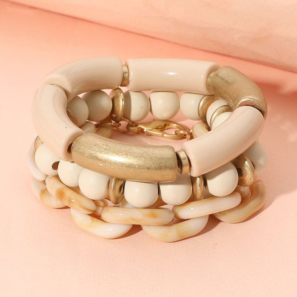 3PCS - Bold Wooden Mixed Beaded Stretch Resin Link Multi Layered Bracelets