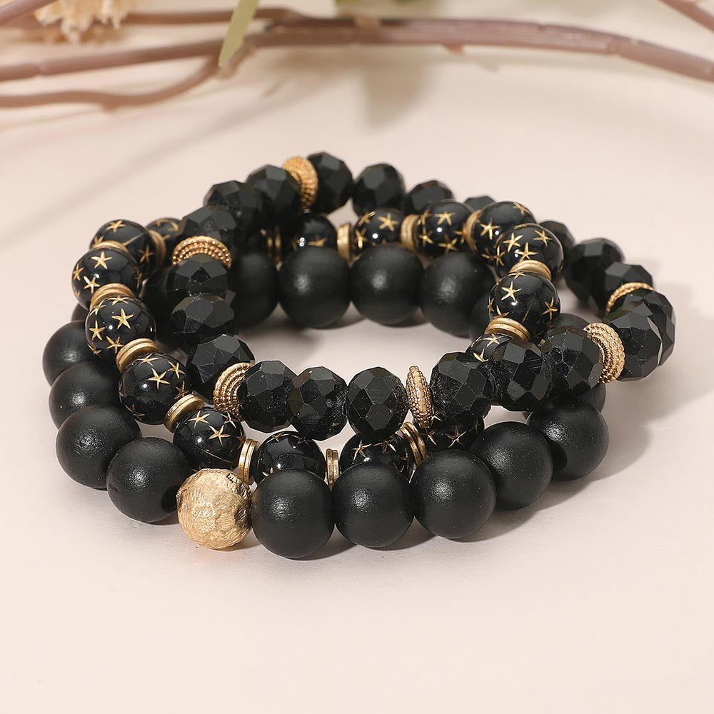 3PCS - Stackable Wooden Faceted Beaded Stretch Multi Layered Bracelets