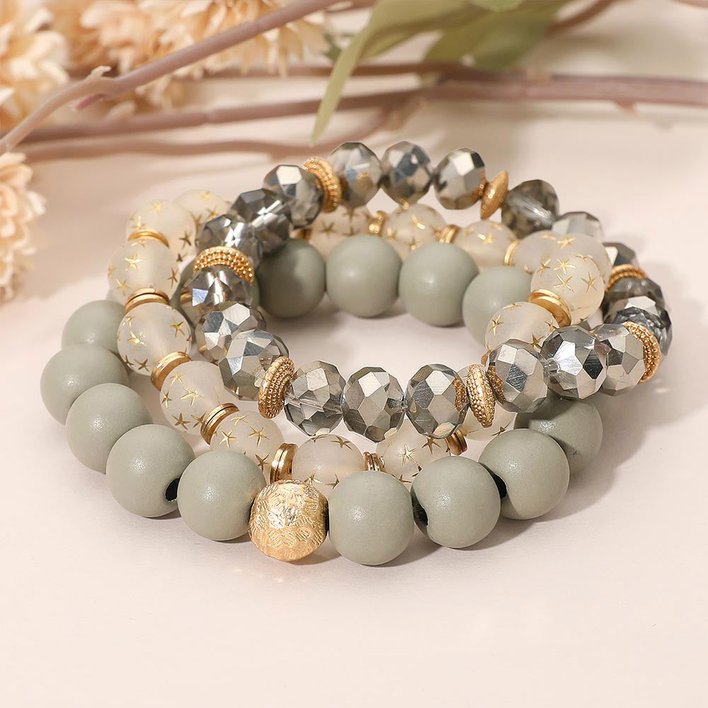 3PCS - Stackable Wooden Faceted Beaded Stretch Multi Layered Bracelets