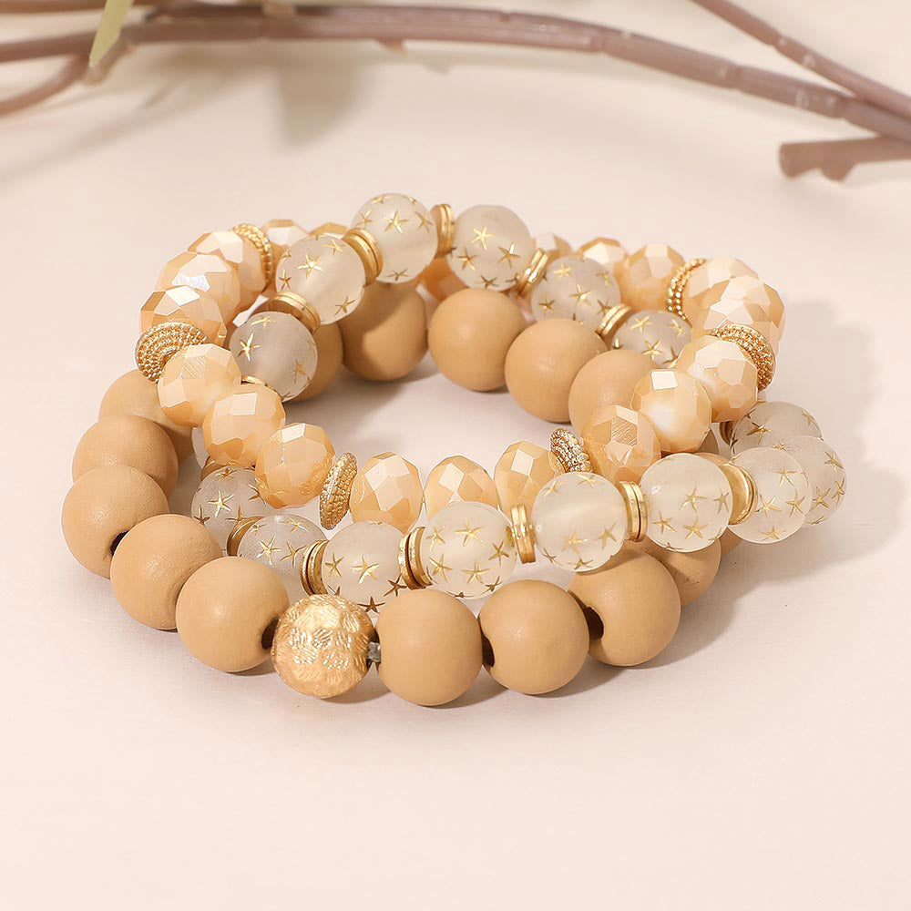3PCS - Stackable Wooden Faceted Beaded Stretch Multi Layered Bracelets