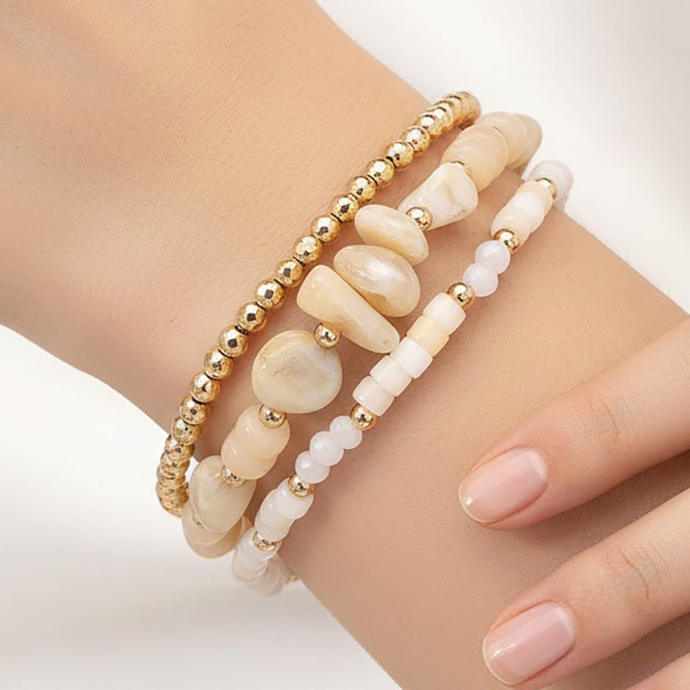 3PCS - Resin Pebble Metal Ball Beaded Stretch Multi Layered Bracelets