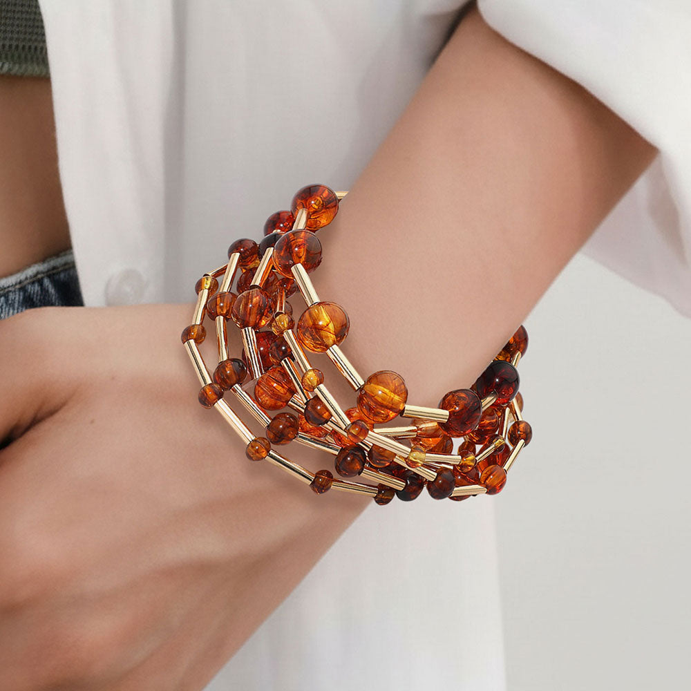 7PCS - Resin Ball Metal Bar Beaded Stretch Multi Layered Bracelets