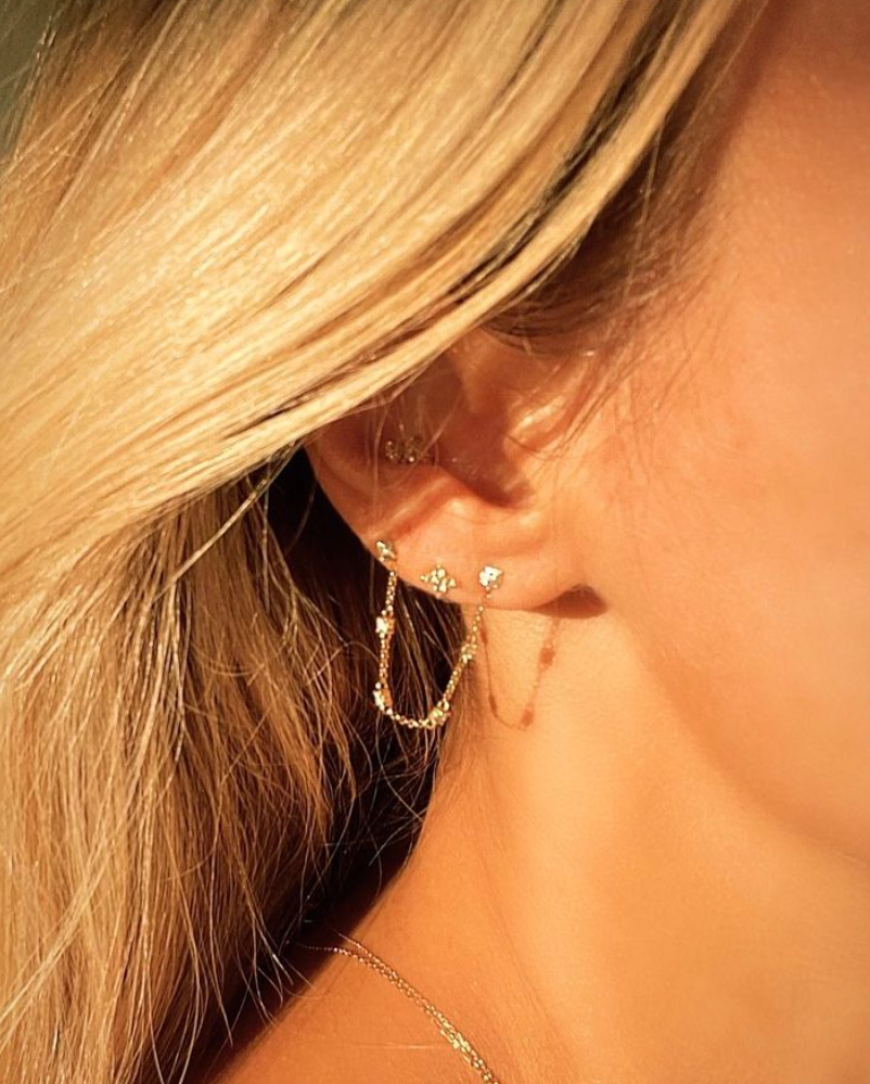 14k Vermeil Double CZ Stud Chain Drop Earring