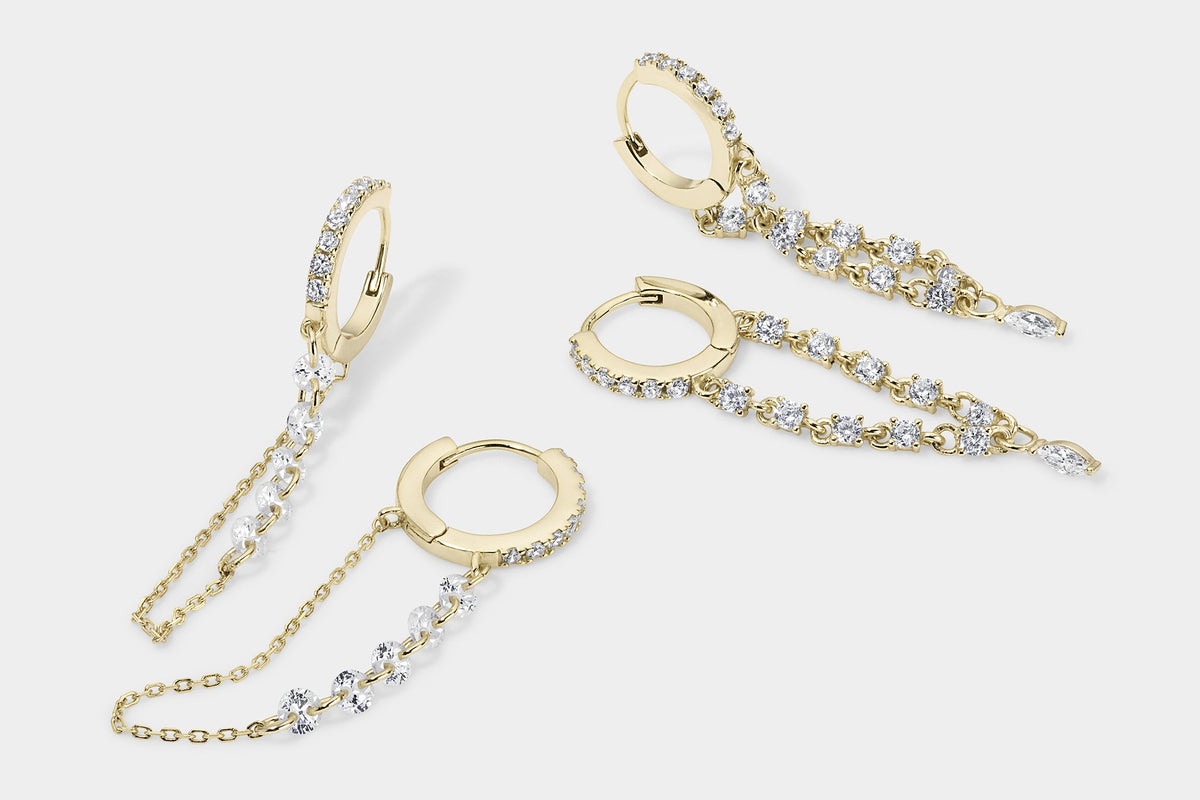 14k Vermeil CZ Halo Chain Drop Huggie Earrings