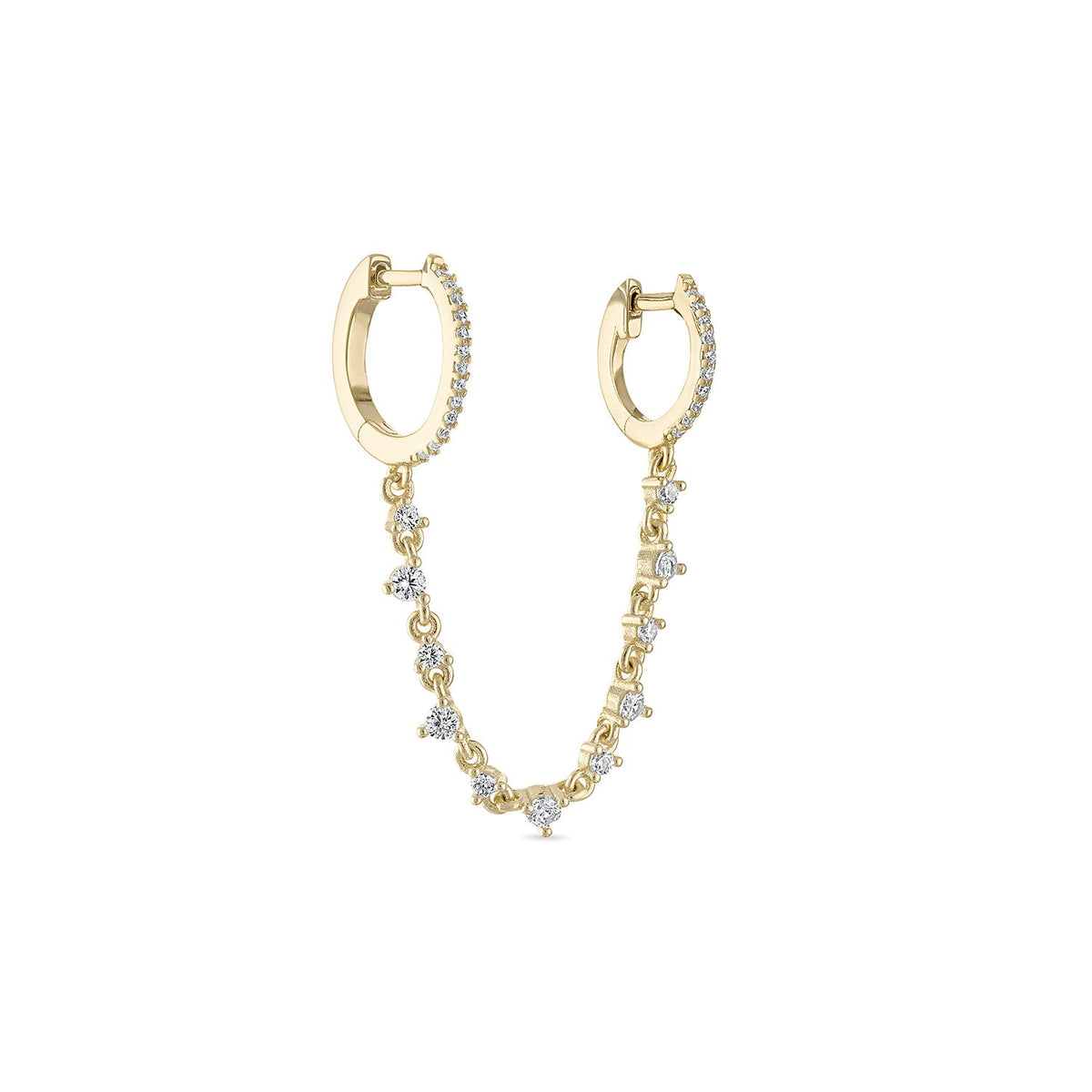 925 Sterling Silver CZ  Double Huggie with Dangle Chain Earring
