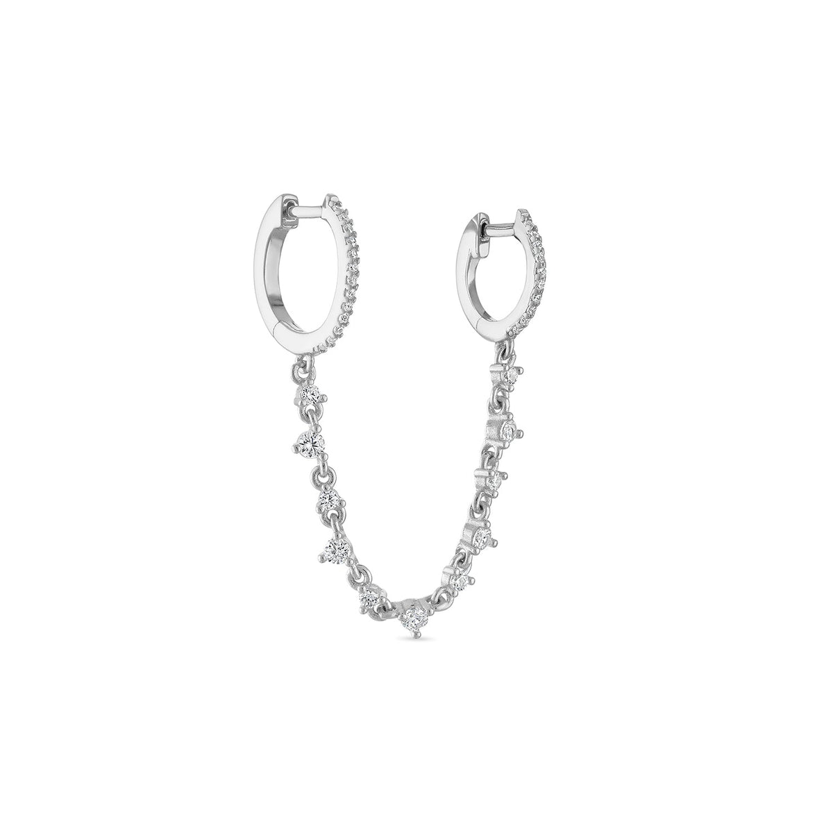 925 Sterling Silver CZ  Double Huggie with Dangle Chain Earring