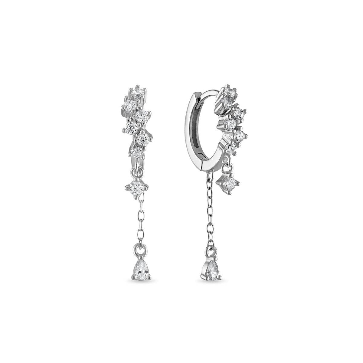 925 Sterling Silver Cluster Huggie with Dangle Chain Drop Earrings
