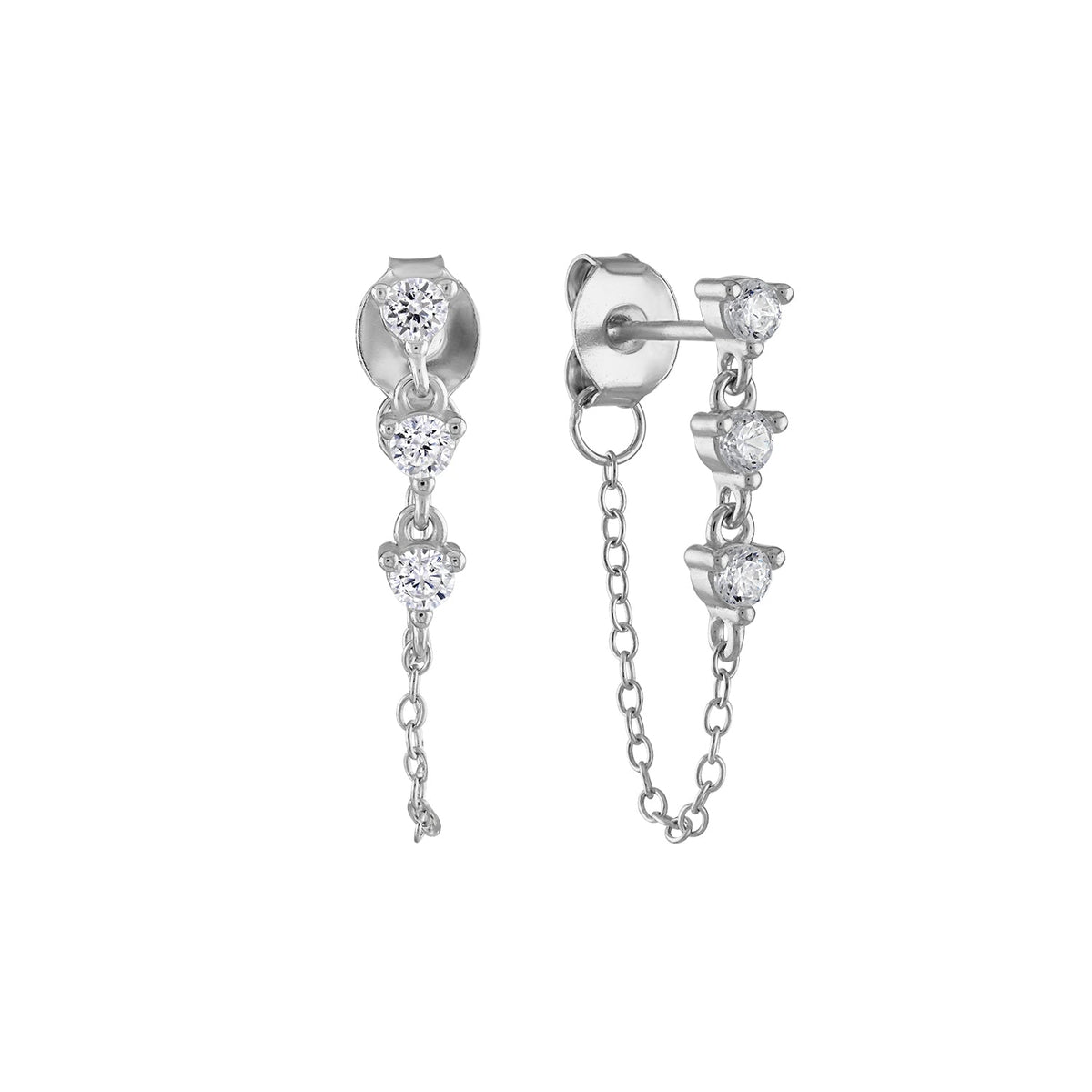 925 Sterling Silver CZ Dangle Chain Stud Earrings- Mini
