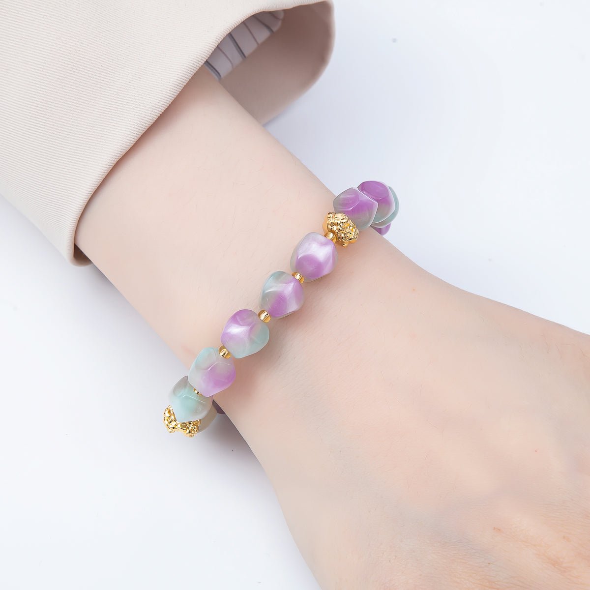 Stainless Steel 10mm Geometric Resin Bead 7 Inch Stretch Bracelet | WA-04516 ~ WA-04522