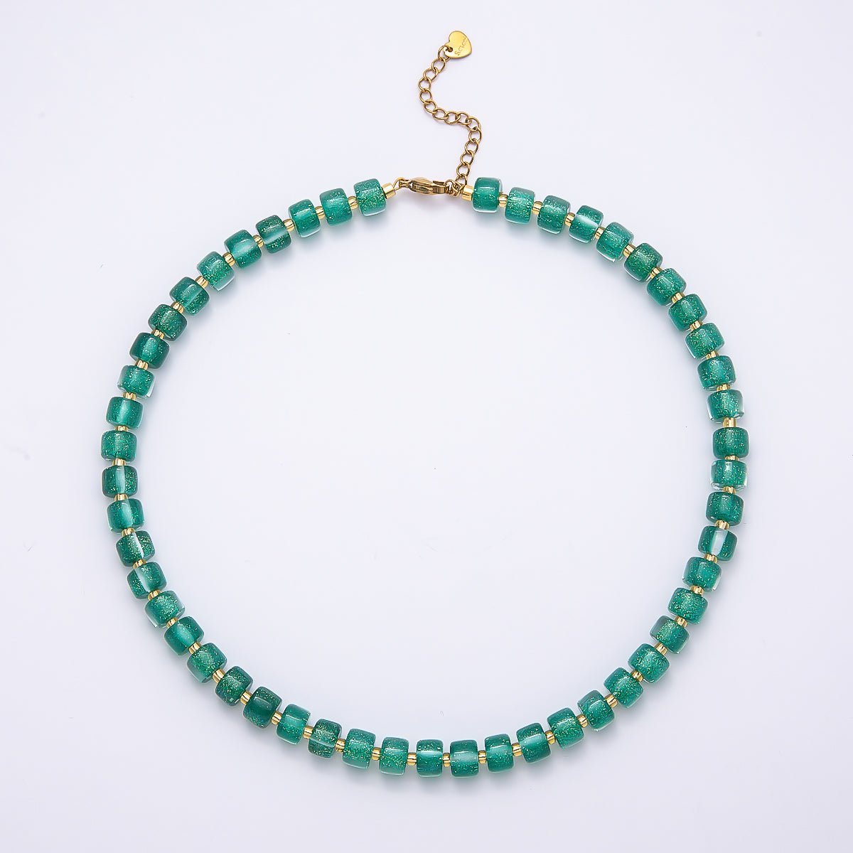 Stainless Steel 8mm Green, Purple, Multicolor, Blue, Purple, Pink, Orange, White Glitter Resin Rondelle Bead 16 Inch Necklace w. Extender | WA-04565 ~ WA-04572