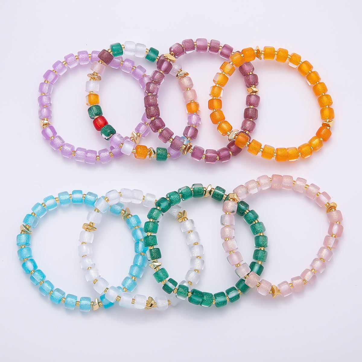 Stainless Steel 8mm Multicolor, Purple, Orange, Pink, Green, White, Blue Glitter Resin Rondelle Bead 7 Inch Stretch Bracelet | WA-04581 - WA-04588